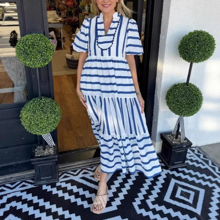 Damen Gestreiftes Maxi-Kleid mit Stufenrock, Rüschenblende und Puffärmeln Drune