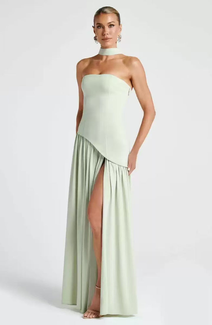Damen Bodenlanges Maxikleid mit schulterfreiem Design und elegantem Schlitz Drune