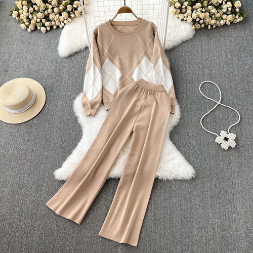 Damen elegantes Strick-Loungewear-Set mit Rautenmuster und weitem Bein Drune