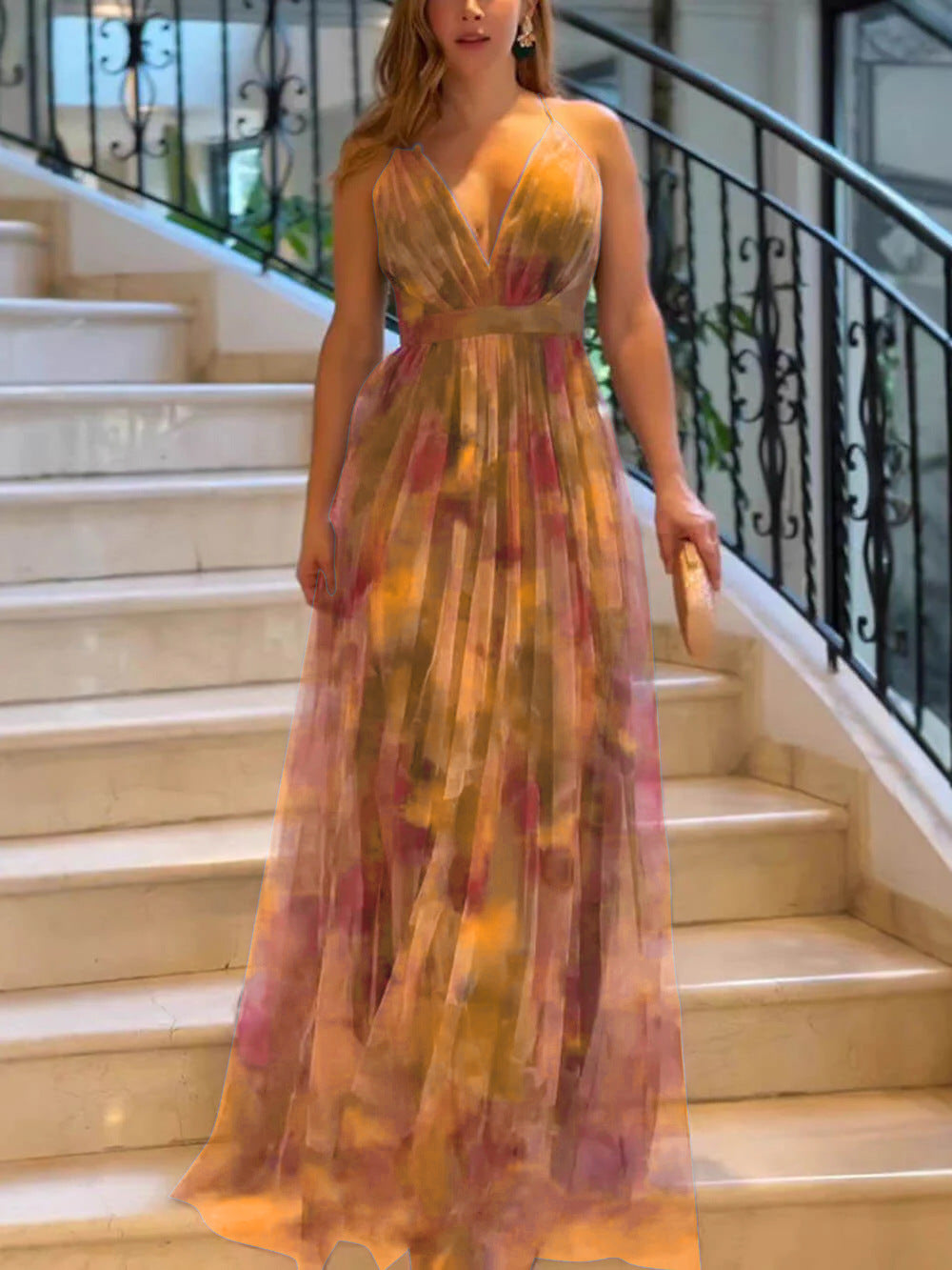 Damen Maxikleid mit tiefem V-Ausschnitt und fließendem Chiffon Drune