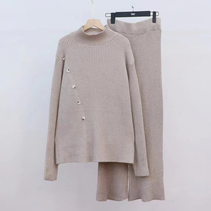 Damen Strickensemble mit hohem Kragen und eleganten Knopfdetails Drune