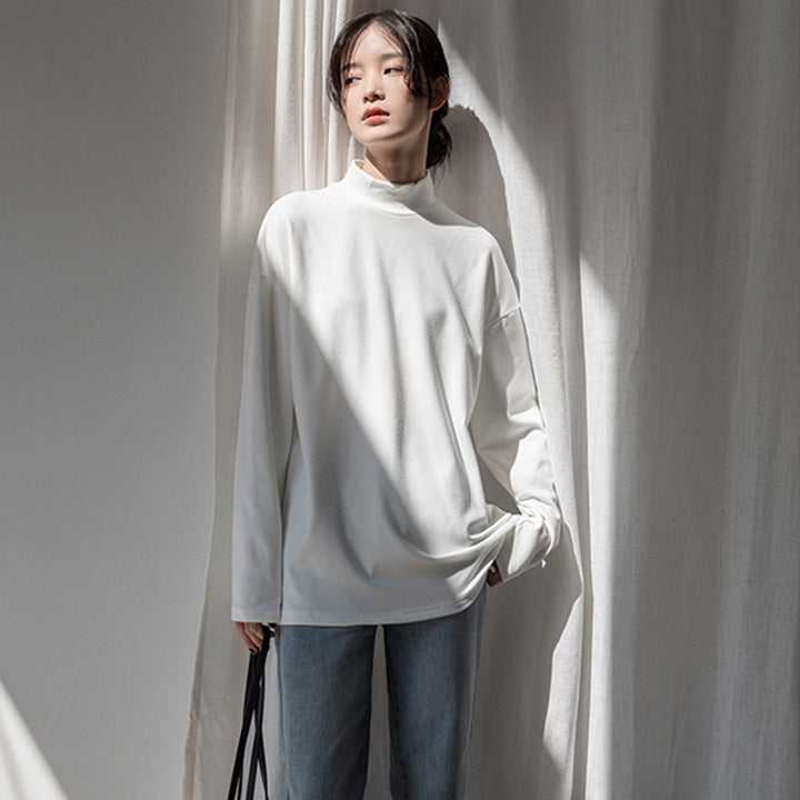 Damen elegantes Longsleeve-Oberteil mit hohem Kragen Drune