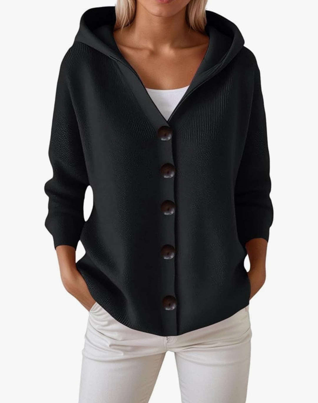 Damen Kapuzen-Strickjacke mit großen Holzknöpfen und seitlichen Eingrifftaschen Drune