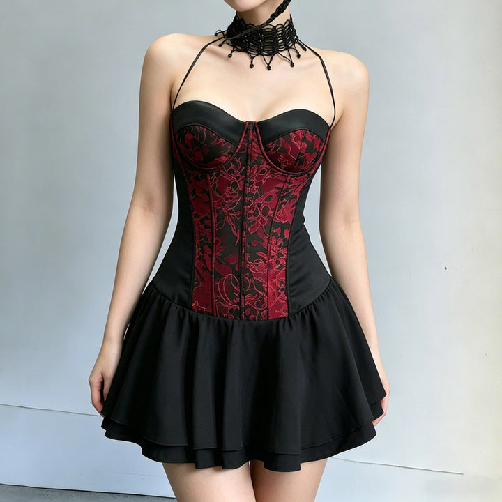 Damen Trägerkleid mit Corsagen-Design und voluminösem Rock Drune