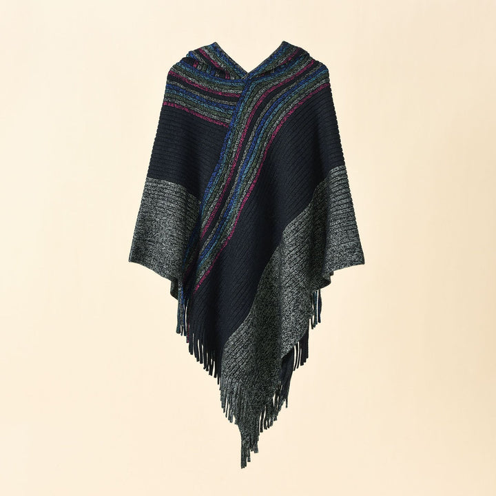 Damen Kapuzen-Poncho im Grobstrick mit Fransensaum Drune