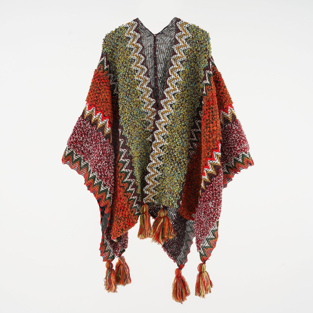 Damen strukturierter Bouclé-Strickponcho mit Jacquardmuster und Quasten Drune