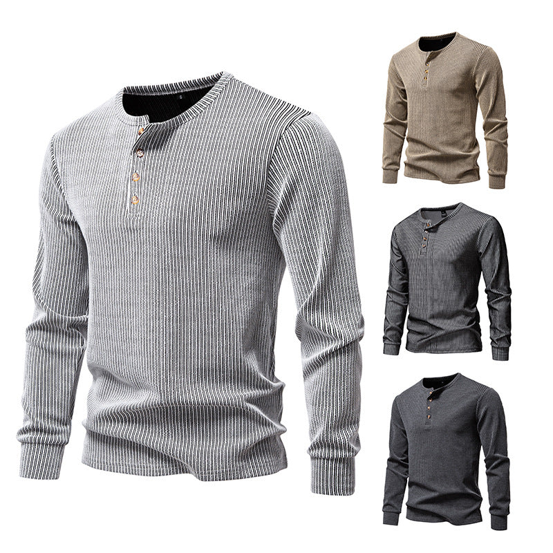Herren Slim-Fit Gerippter Henley-Langarmpullover mit Rundhalsausschnitt und Knopfleiste Drune