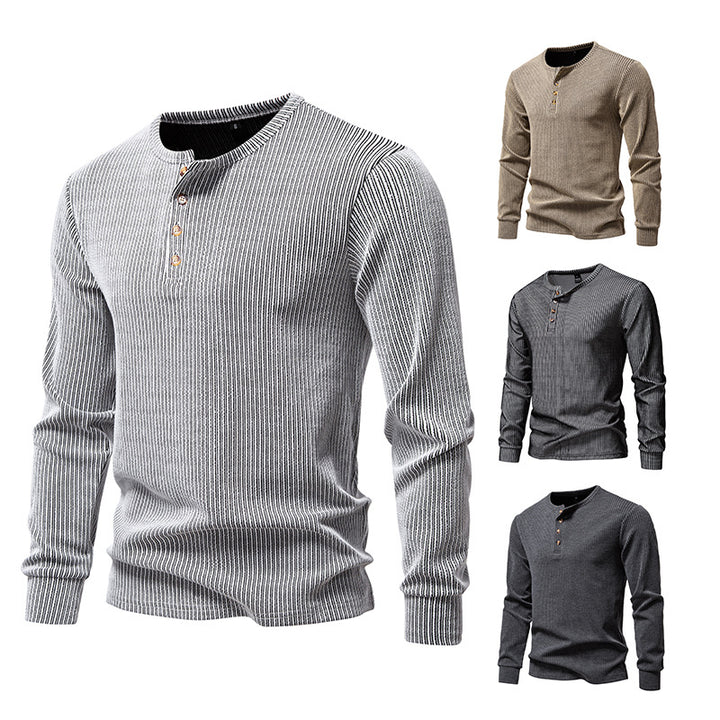Herren Slim-Fit Gerippter Henley-Langarmpullover mit Rundhalsausschnitt und Knopfleiste Drune