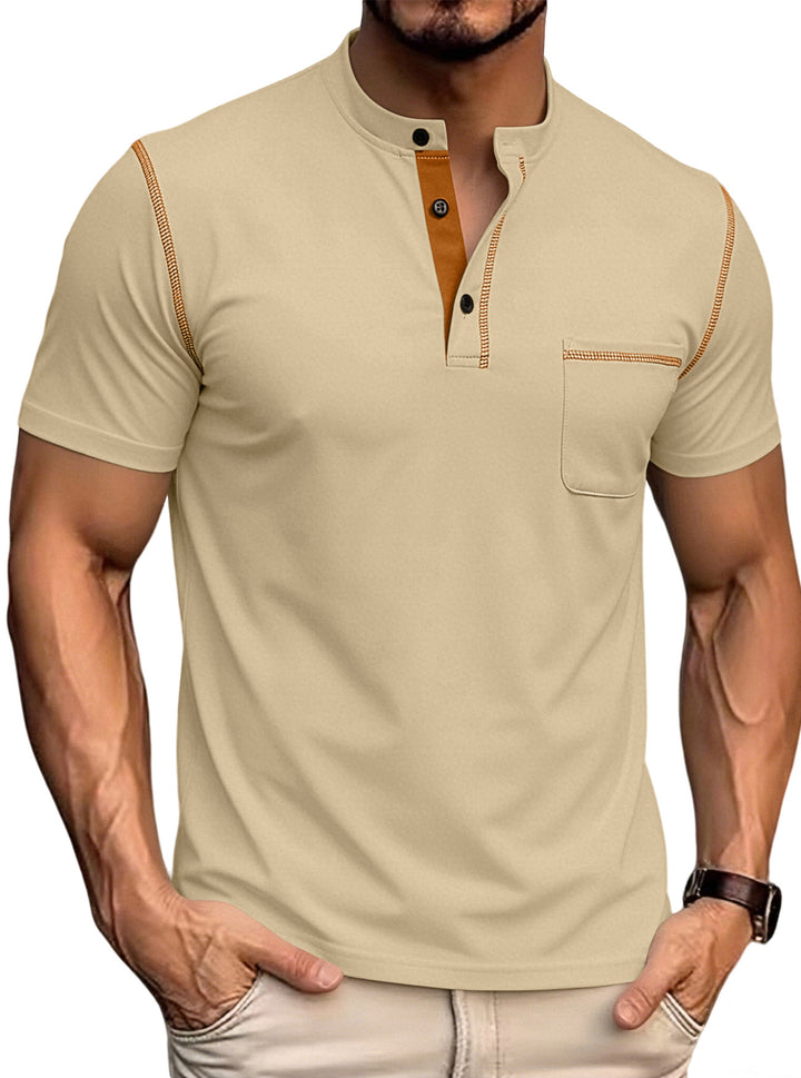 Herren nan kurzärmeliges Henley-Shirt mit Stehkragen, Brusttasche und kontrastierenden Ziernähten Drune