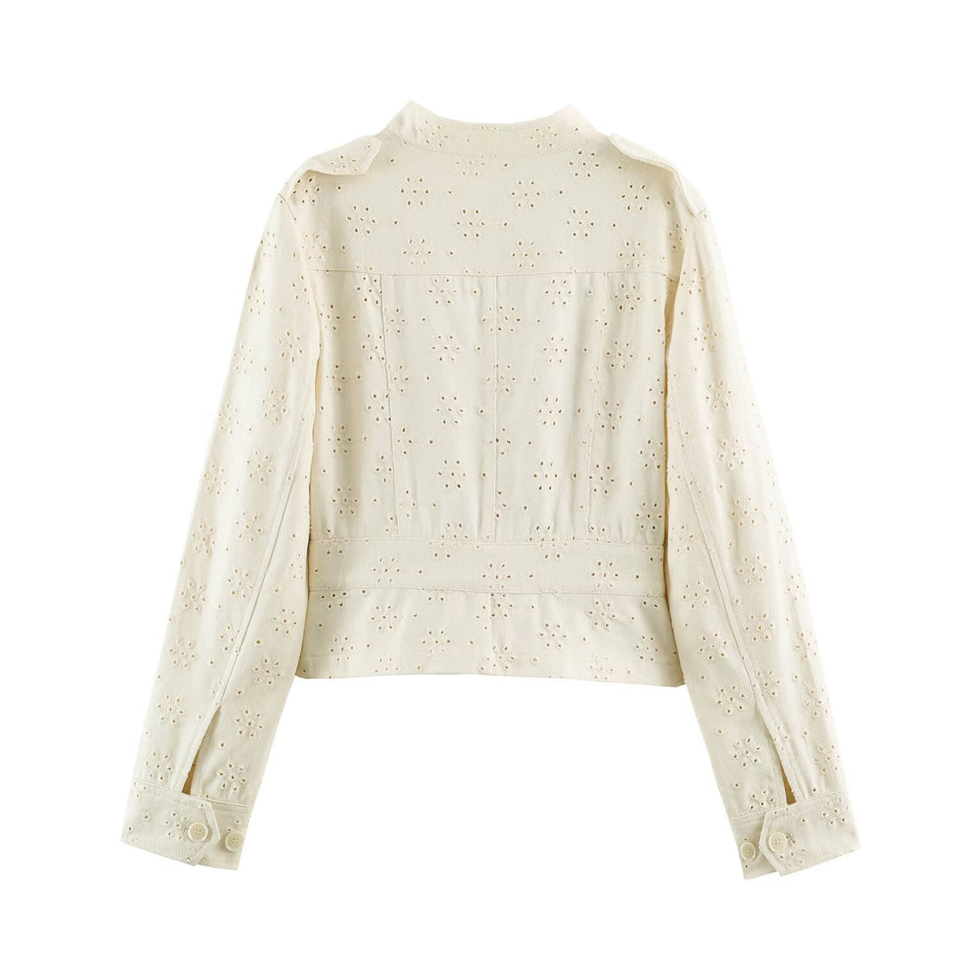 Damen Kurze Broderie‑Anglaise Jacke im Utilitarstil mit Stehkragen und Pattentaschen Drune