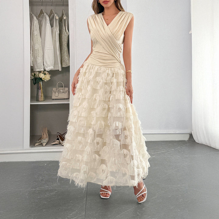 Damen Maxi-Faltenkleid mit Fransen Drune