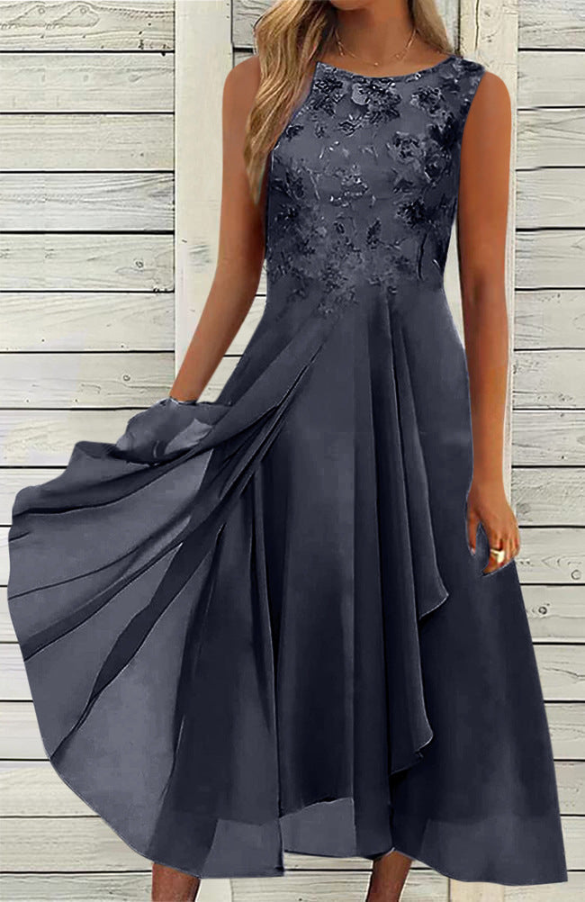Damen nan ärmelloses Chiffon-Midikleid mit bestickter Brustpartie und asymmetrischem Lagenrock Drune