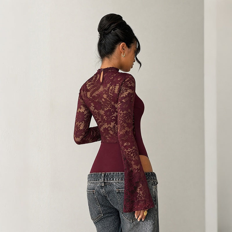 Damen Elegantes Spitzenoberteil mit Y-Ausschnitt und Volantärmeln Drune