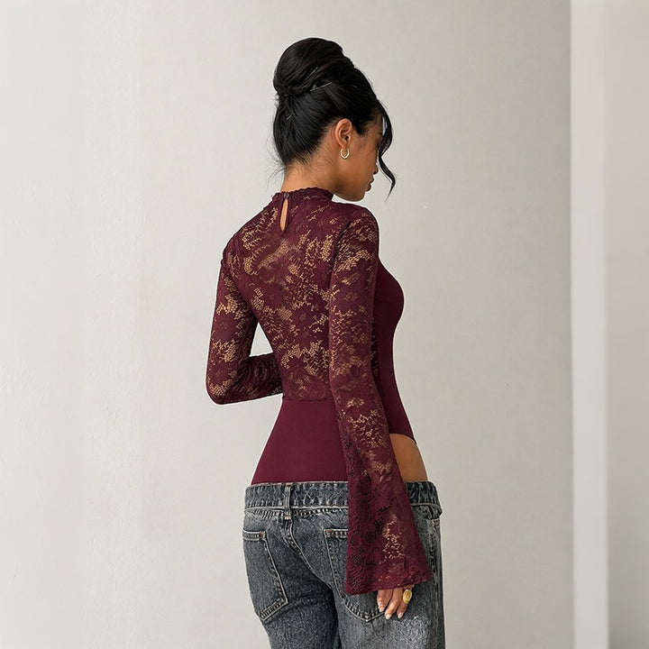 Damen Elegantes Spitzenoberteil mit Y-Ausschnitt und Volantärmeln Drune