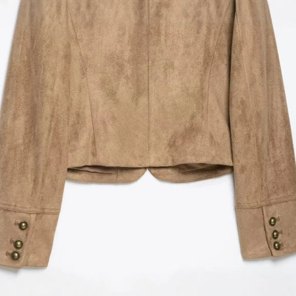 Damen Cropped Velourslederblouson im Military‑Look mit dekorativer Paradeknopfleiste Drune