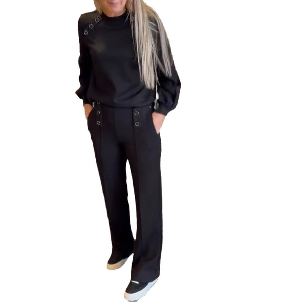 Damen nan sportlich-elegantes Jersey-Zweiteiler mit Ösenverzierung, hochgeschnittener Bundhose im Marlene-Schnitt Drune
