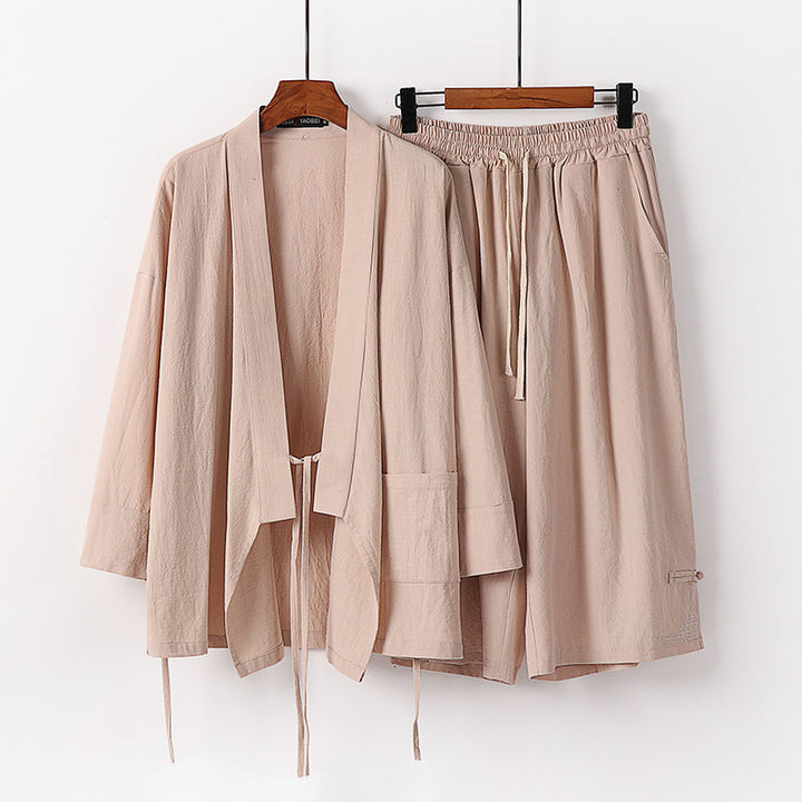 Damen Zen-Kimono-Lounge-Set aus atmungsaktivem Baumwollmix mit Bindebandjacke und weiten Culotte-Hose Drune