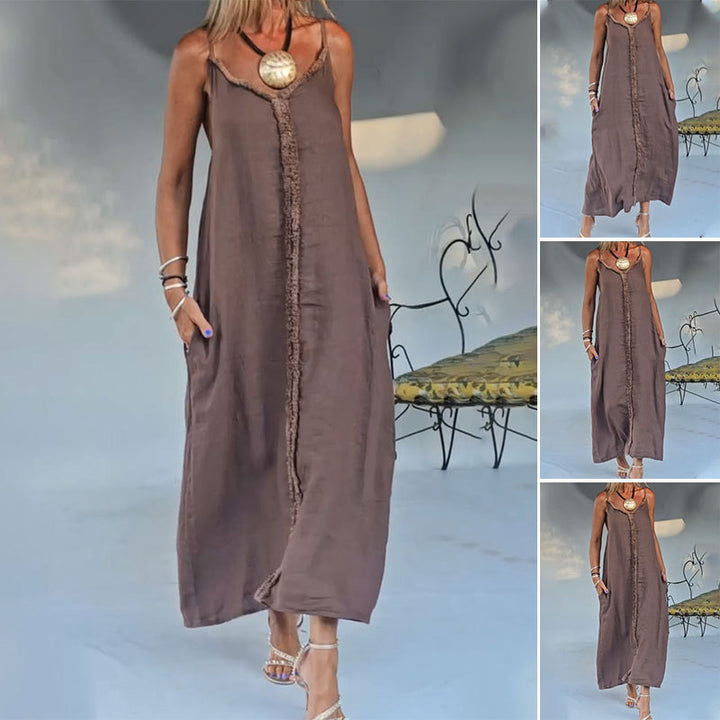 Damen nan luftiges Leinenoptik-Maxi-Trägerkleid mit fransiger Mittelnaht und Eingrifftaschen Drune