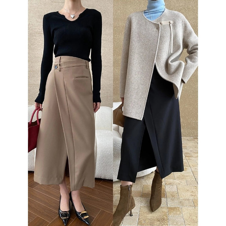 Damen eleganter Midirock mit überlappendem Design und modischen Knopfdetails Drune