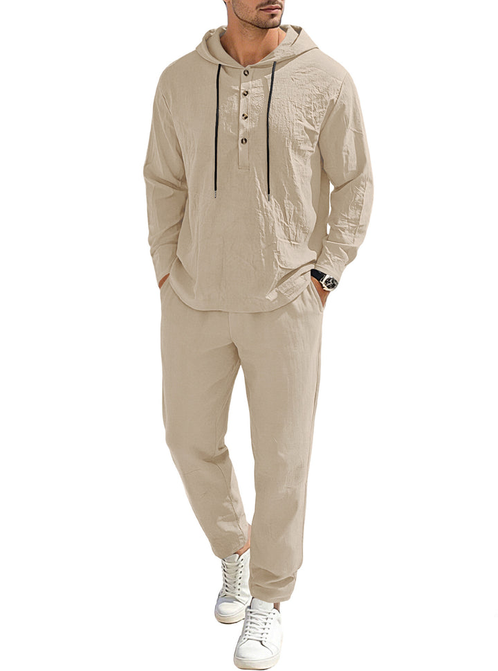 Herren nan entspannter Kapuzen-Henley Freizeitanzug aus leichter Baumwollmischung in Leinenoptik mit Kordelzug und elastischer Bundhose Drune