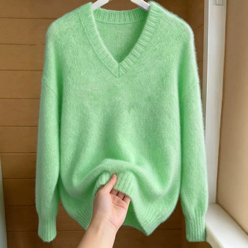 Damen Flauschiger Mohair-Mix Oversize-Pullover mit tiefem V-Kragen Drune