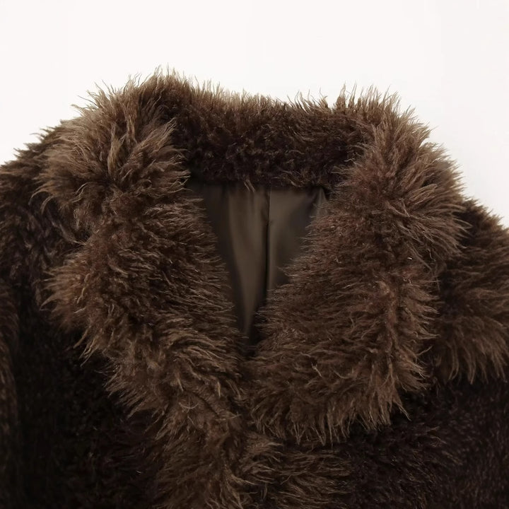 Damen nan shaggy Kunstfell-Blouson mit voluminösem Schalkragen und innenliegendem Hakenverschluss Drune