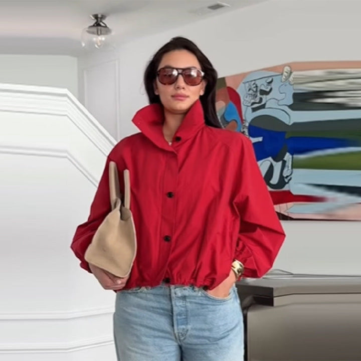 Damen Modische Kurzjacke mit hohem Kragen und elastischem Bund Drune