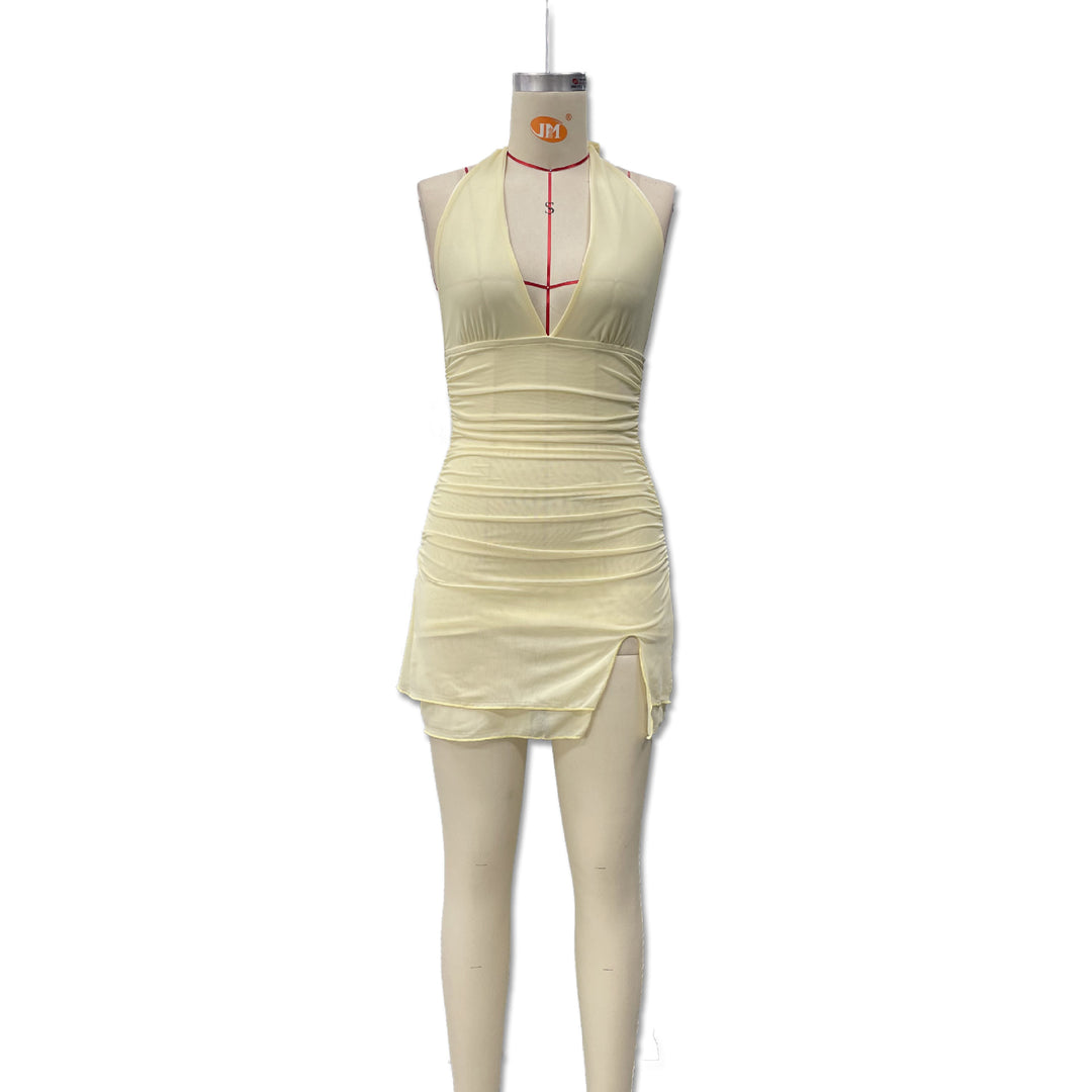 Damen Halterkleid mit tiefem Ausschnitt und sexy Schlitz Drune