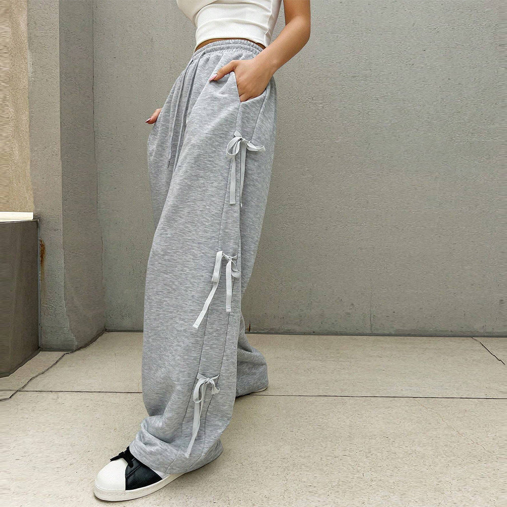 Damen lockere Wide‑Leg Loungehose mit elastischem Bund, Kordelzug und seitlichen Zierschleifen Drune