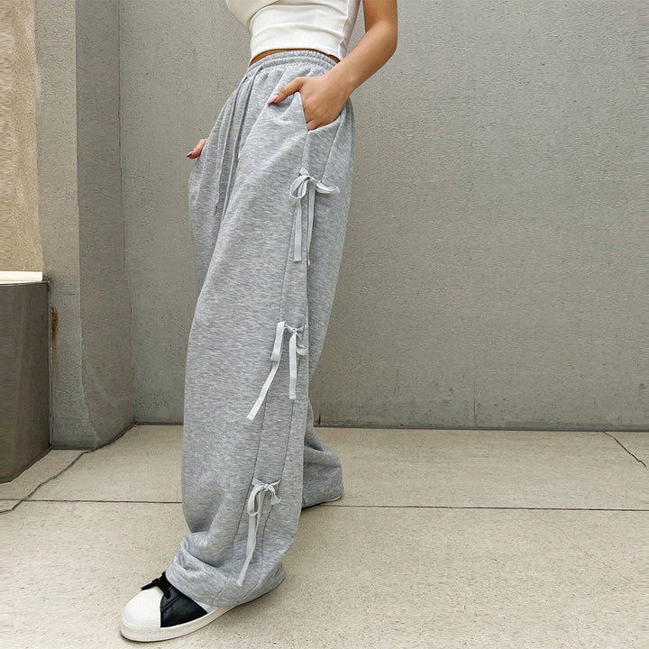 Damen lockere Wide‑Leg Loungehose mit elastischem Bund, Kordelzug und seitlichen Zierschleifen Drune