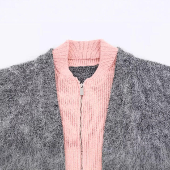 Damen nan kuscheliger Mohair‑Optik Cardigan mit integrierter Reißverschluss‑Innenjacke und Bomberkragen Drune