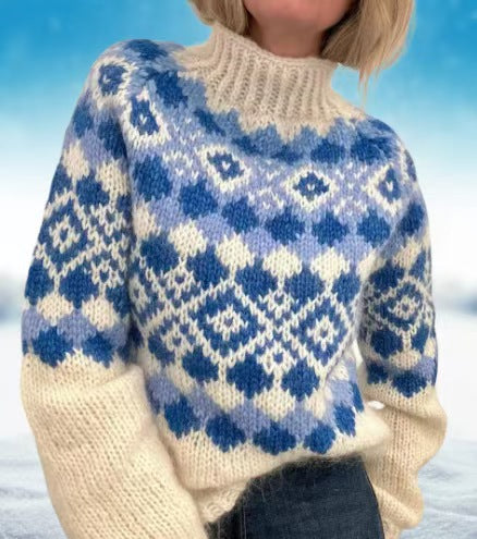 Damen nan kuscheliger Norweger-Strickpullover mit Stehkragen und Oversize-Passform Drune
