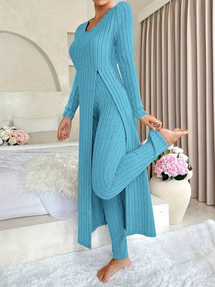 Damen eleganter und modischer Jumpsuit mit seitlichen Schlitzen und langen Ärmeln Drune