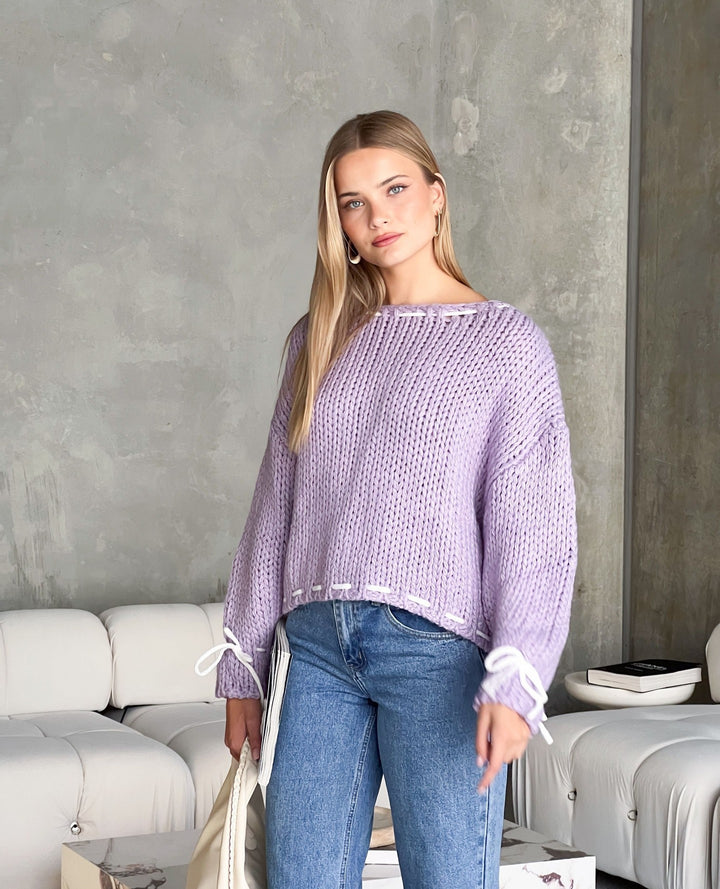 Damen lässiger Strickpullover mit offenen Schultern und Kordelzugdetails Drune