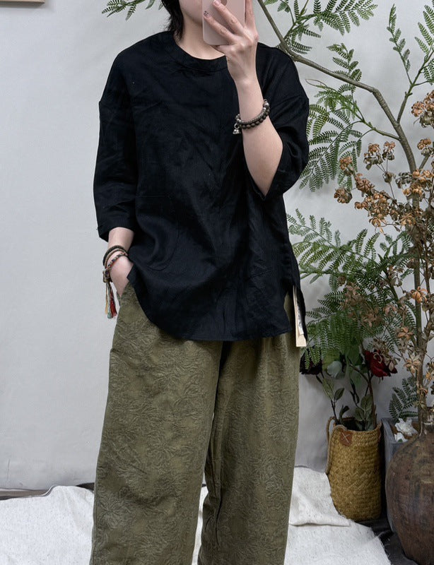 Damen Relaxed Fit Leinen Tunika-Oberteil mit Tasche Drune