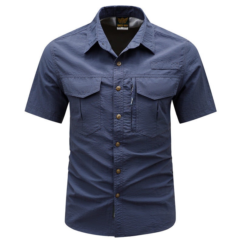 Men's  tactical short sleeve button shirt with dual flap chest pockets and discreet zip utility pocket Drune