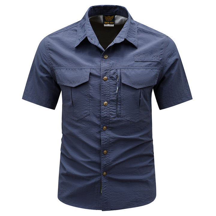 Men's  tactical short sleeve button shirt with dual flap chest pockets and discreet zip utility pocket Drune