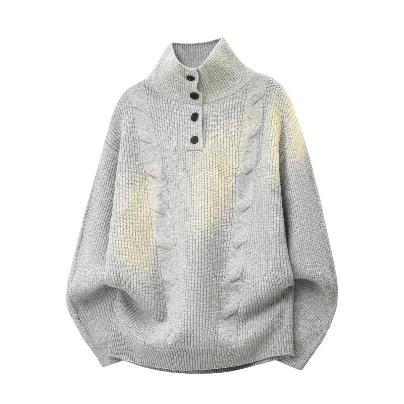 Damen Oversize Zopfstrickpullover mit hohem Rollkragen und Knopfleiste Drune