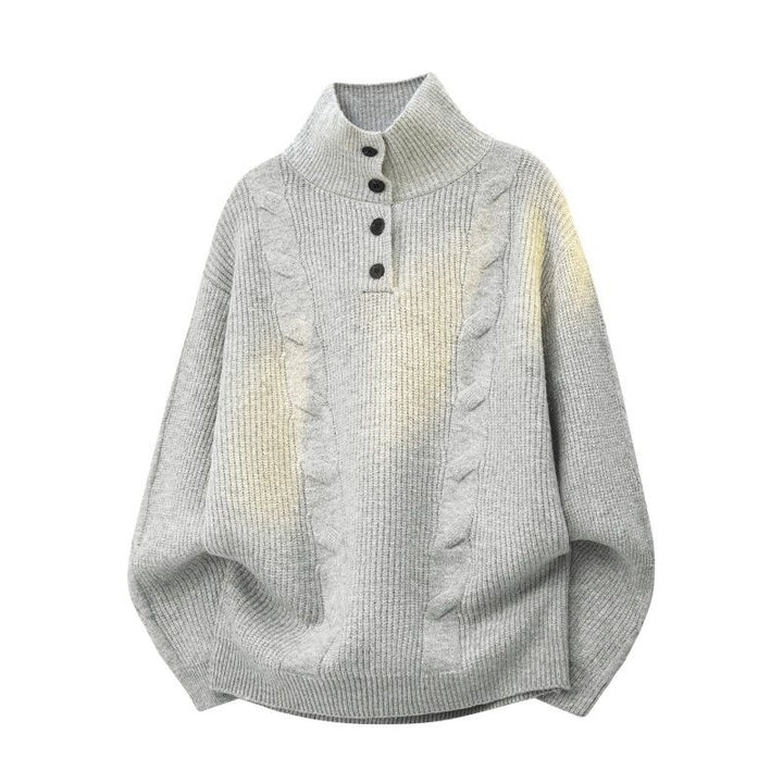Damen Oversize Zopfstrickpullover mit hohem Rollkragen und Knopfleiste Drune