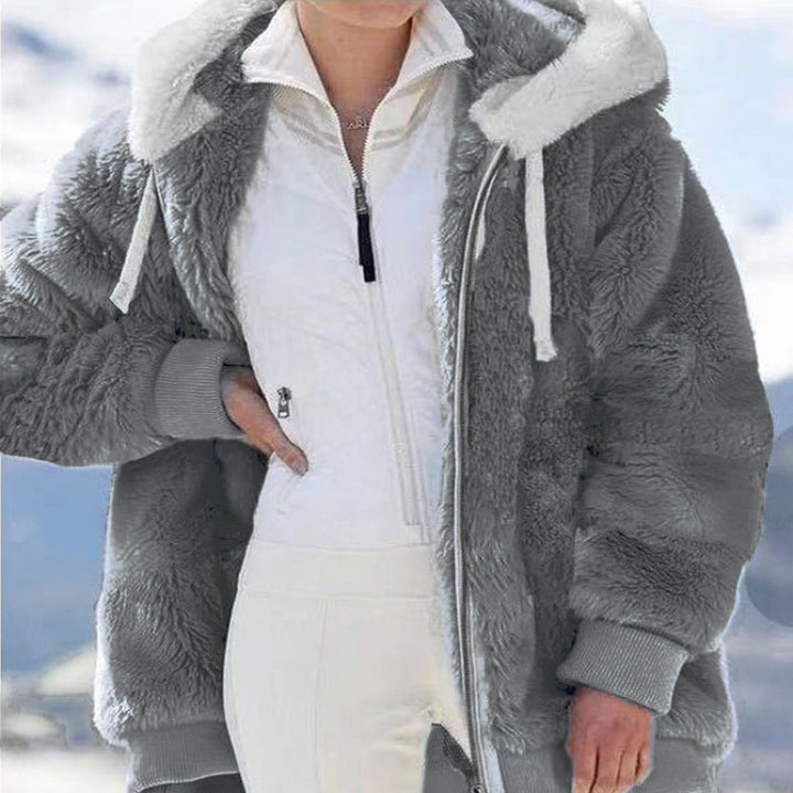 Damen Oversized Sherpa-Zipjacke mit Kontrastkragen, Rippbündchen und Kordelzug Drune