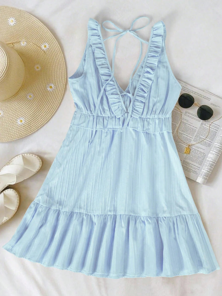 Damen luftiges Sommerkleid mit Volantdetails und verstellbarem Rückenschnürung Drune