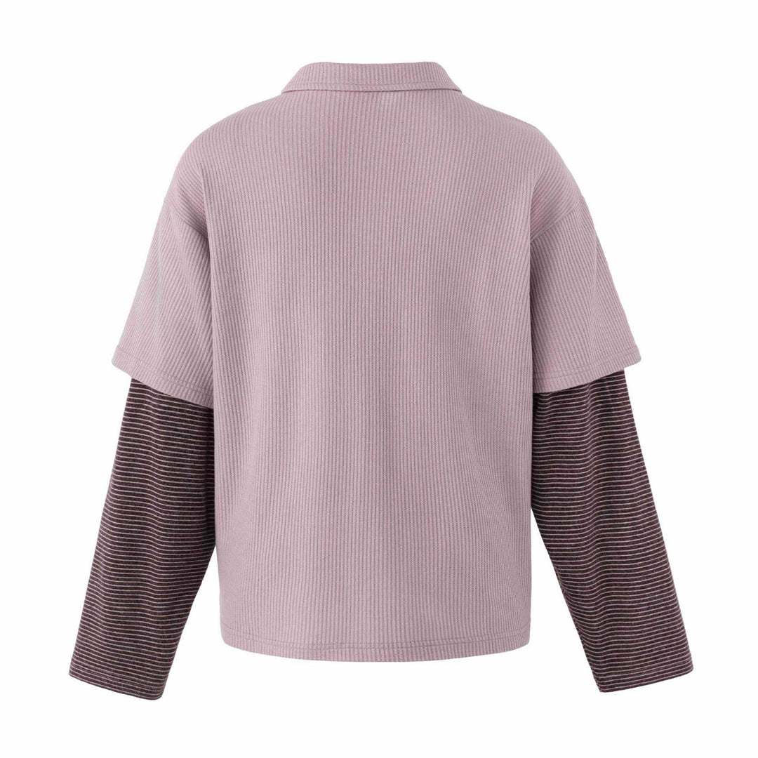 Damen Lässiges Layered-Polo-Shirt mit Rippenstruktur und gestreiften Einsatzärmeln Drune