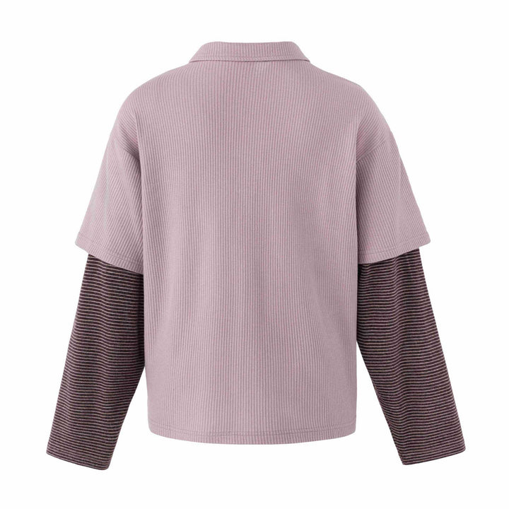 Damen Lässiges Layered-Polo-Shirt mit Rippenstruktur und gestreiften Einsatzärmeln Drune