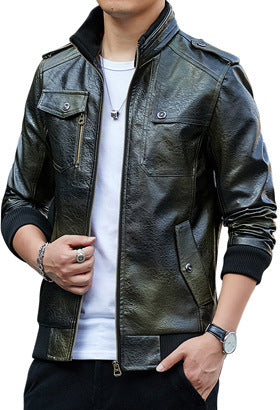 Herren Kunstleder-Flightjacke mit Brust- und Reißverschlusstaschen, Stehkragen und Rippbündchen Drune