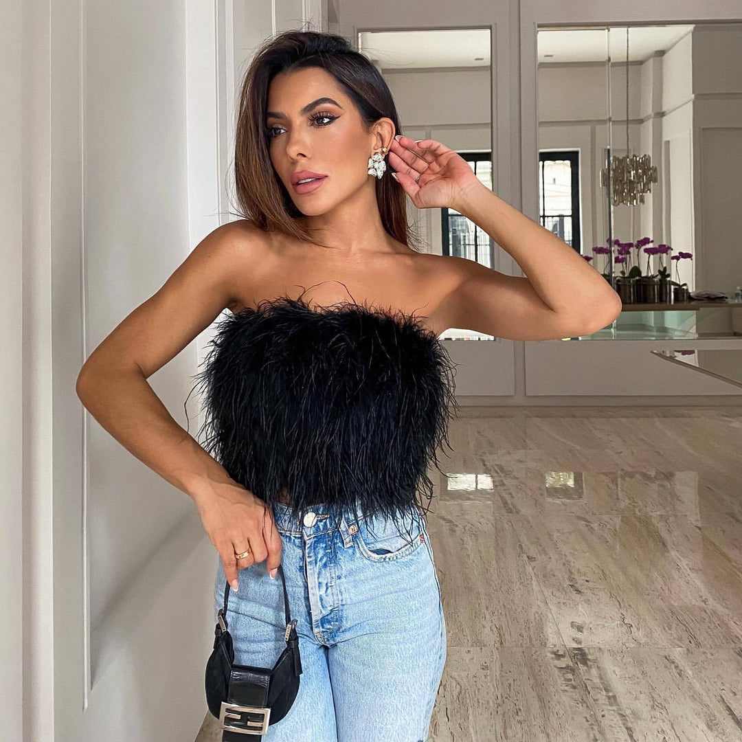 Damen Glamouröses Plüsch-Top mit abnehmbaren Trägern und fransigen Details Drune