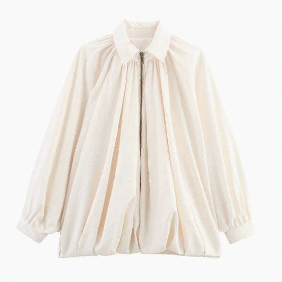 Damen Oversize Plissée-Hemdbluse mit Frontreißverschluss, Kellerfalten und Ballonärmeln Drune