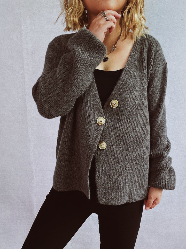Damen gemütliche Strickjacke mit großen Knöpfen und strukturiertem Design Drune