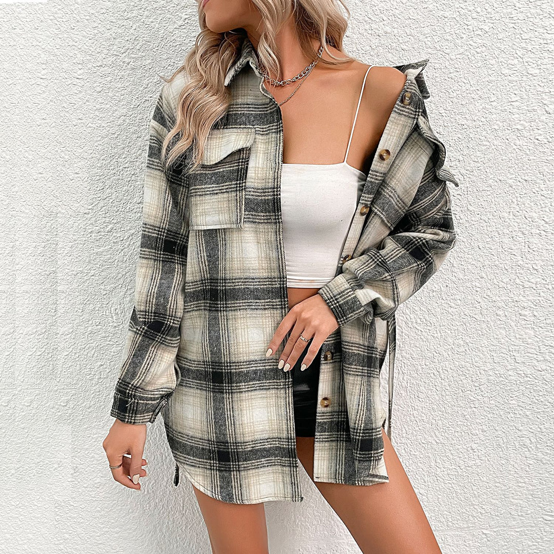 Damen lässige Overshirt-Jacke im Karo-Design mit knöpfbarer Front Drune