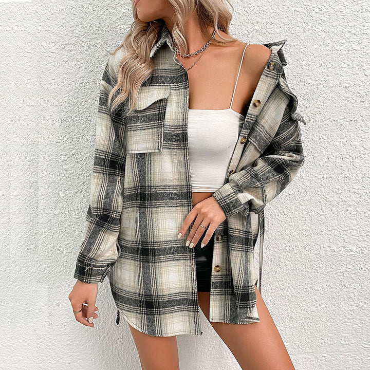 Damen lässige Overshirt-Jacke im Karo-Design mit knöpfbarer Front Drune