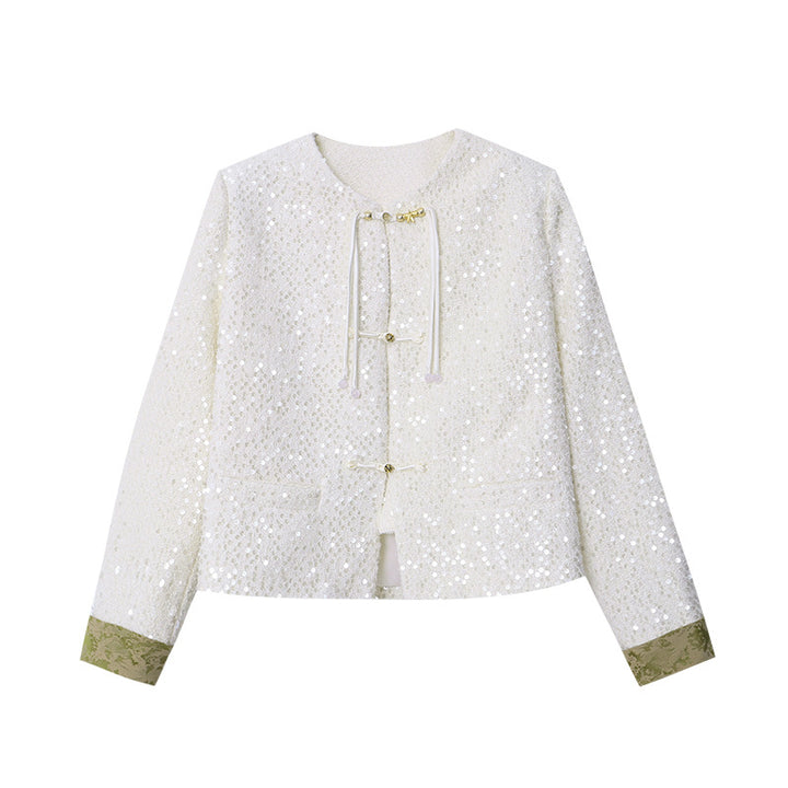 Damen Elegante Bouclé-Jacke mit Pailletten und kontrastierenden Ärmeln Drune